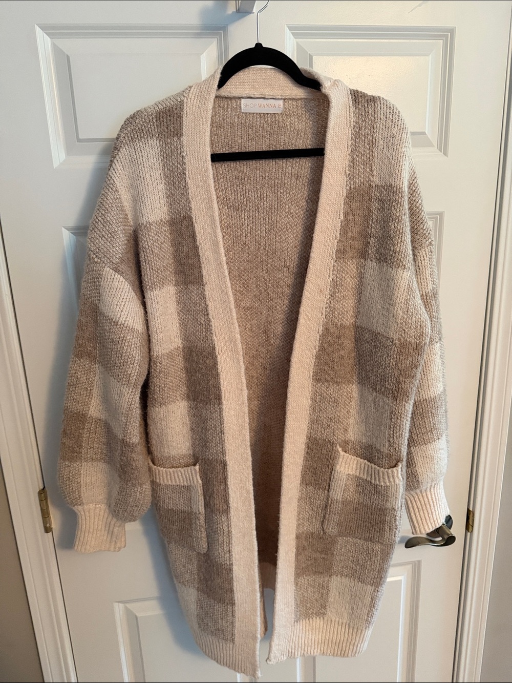 Striped Open-Front Plaid Cardigan in Cream and Beige